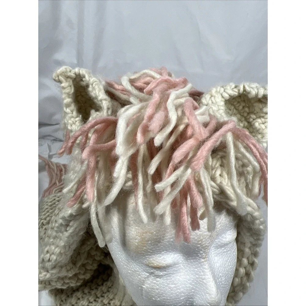 Girl's Crochet Hooded Scarf with‎ Ears/Mane/ Pink/Cream with Pockets